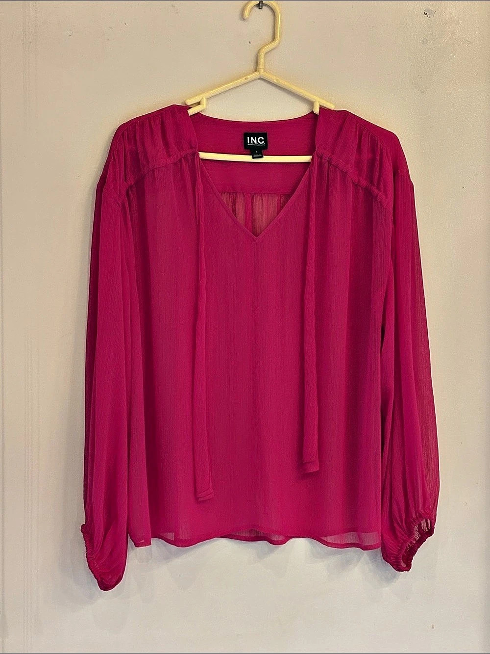 INC Sheer Ruched Cuff Blouse in Pink Like New
